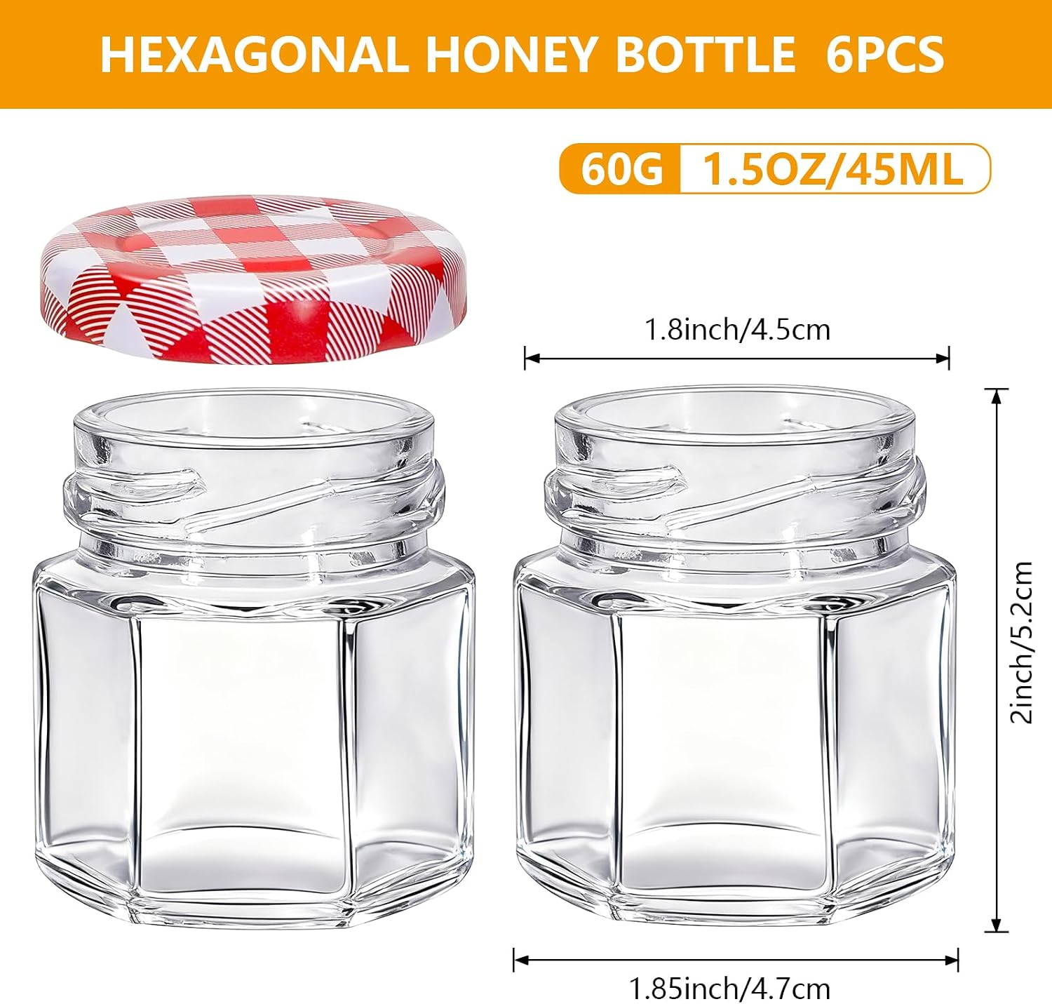 6Pcs 1.5oz Mini Glass Hexagon honey Jars Gold Lids, Jam Honey Dipper，Wedding Favors，Baby Food，Candle，Crafts Canning Jar，Glasses jar (6, Red grid lid, Mini) image 2