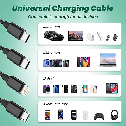 Miniatura 4 de Travel Vacation Essentials Cable de Carga Múltiple USB C, Paquete de 2 Cables de Carga 3 en 1 de Nailon de 4 Pies para Múltiples Dispositivos con