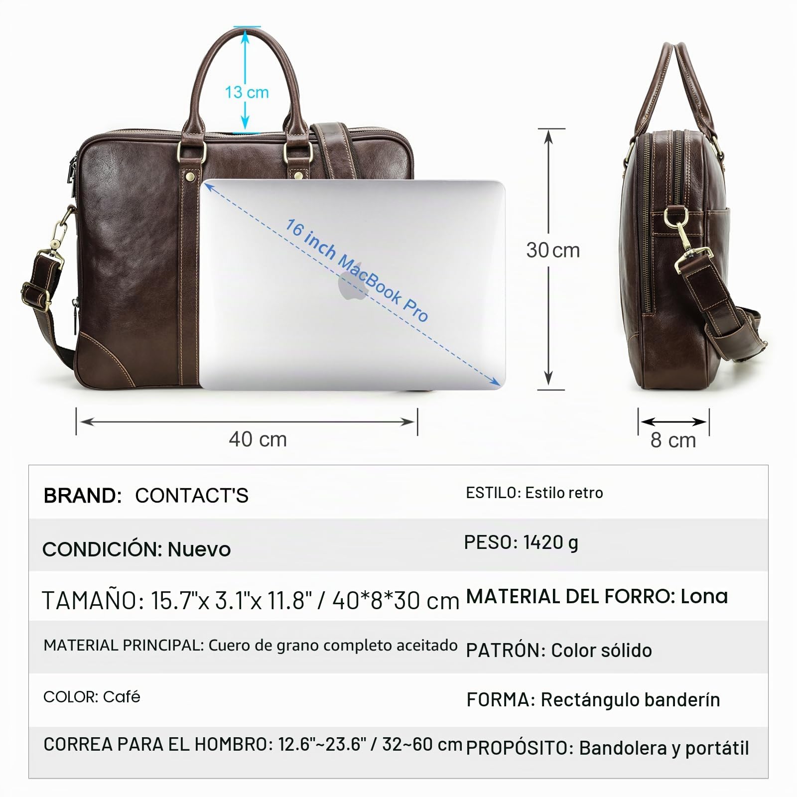 Contacts Maletín de piel auténtica para hombre de 14 pulgadas, bolso cruzado casual vintage para negocios, para hombres y mujeres, viajes, escuela, abogados