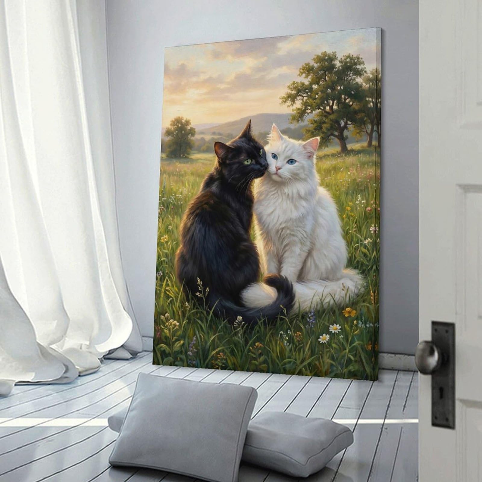 Junmoney Black And White Cats in Meadow Decorative Canvas Print 20x30inch(50x75cm), for Hallway, Bedroom Or Modern Interiors, Home Decor Gift with Stylish Appeal