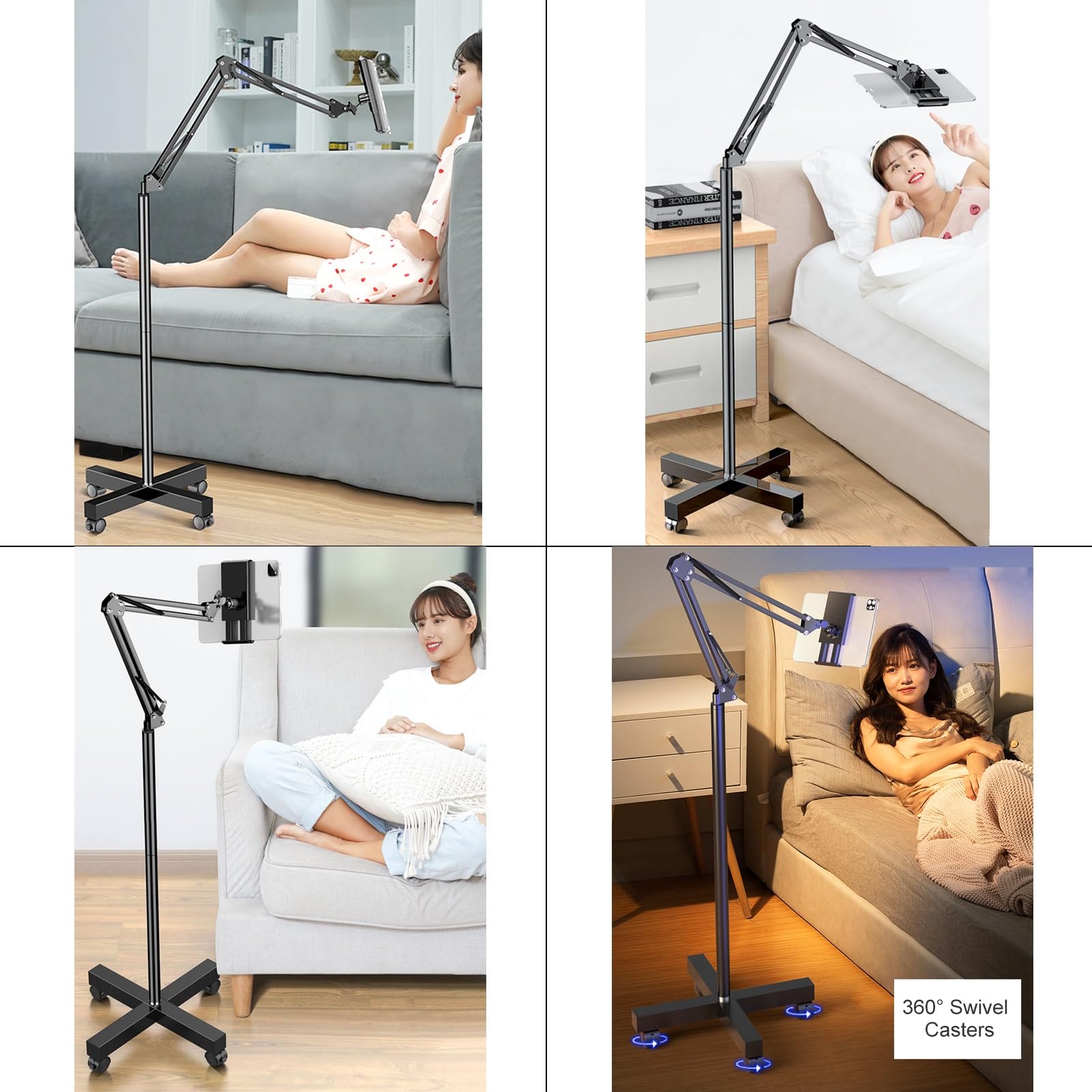 Réglable Support Tablette sur Pied, Porte Liseuse avec Tourne-Page à Distance, Téléphone Stand à roulettes