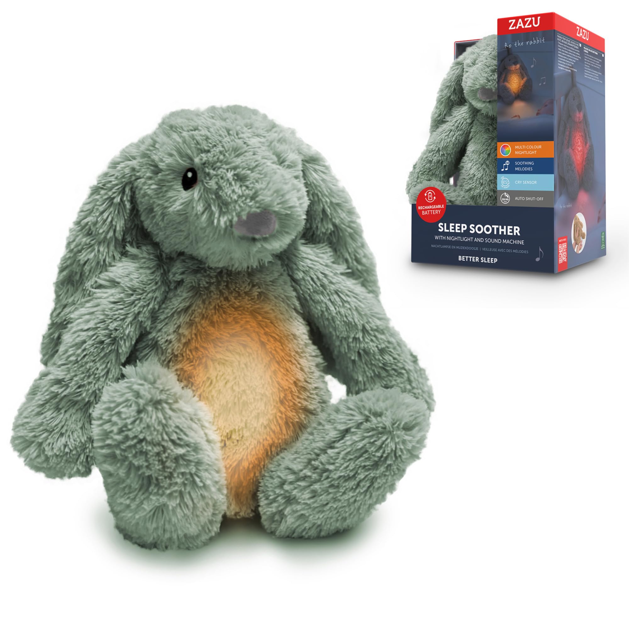 Zazu - Ro the Rabbit Baby Sleep Aid with Rechargeable Battery - Multi-Colour Night Light & Soothing Sounds, Wine Sensor, Auto Shut-Off and USB-C Charging Cable (Green)