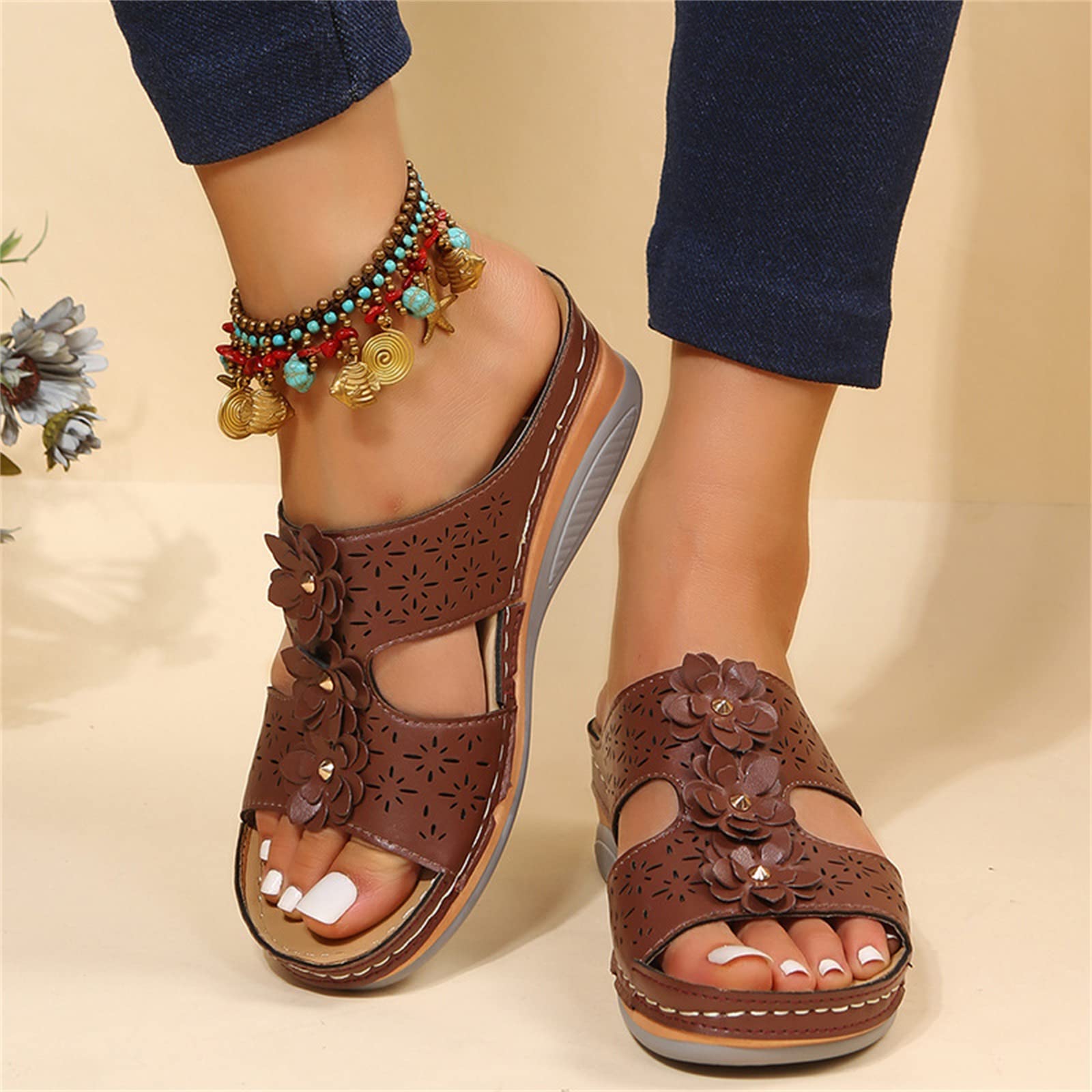 DOIX Wedge Mules Sandals Women with Arch Support Comfy Platform Orthopedic Fish Mouth Slippers Summer Outdoor Floral Anti Slip Wide Fit Loafer Shoes,coffee,US8/EU39