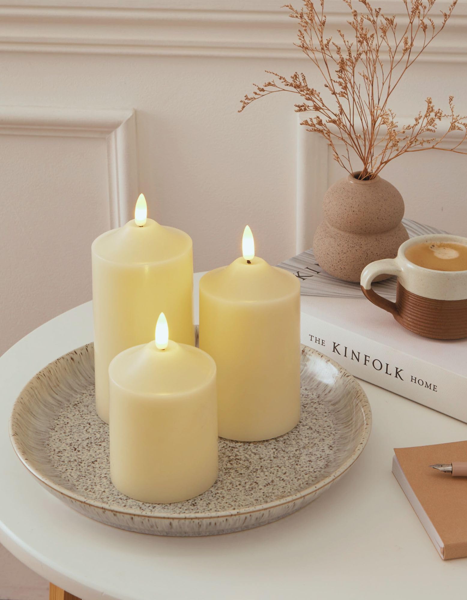 Curator Off White Home Wax Led Candle Set Of 3 – Pillar Candles (10/12.5/15Cm) – Real Wax Flameless Candles, Warm White Flickering Led, Battery Operated, Waterproof Base – Home & Table Decoration