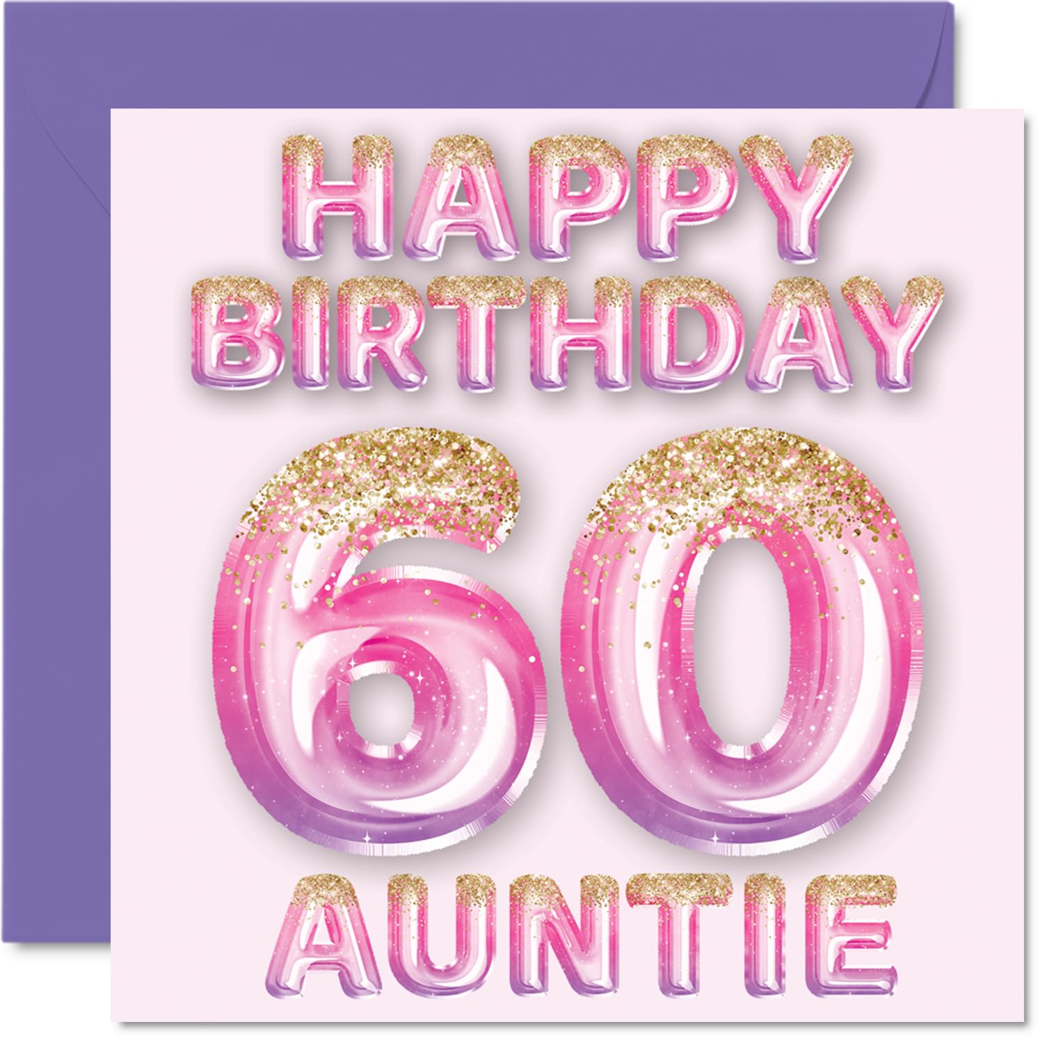60th Birthday Card for Auntie - Pink & Purple Glitter Balloons - Happy Birthday Cards for 60 Year Old Aunt Aunty from Nephew Niece, 145mm Bday Greeting Cards Gift