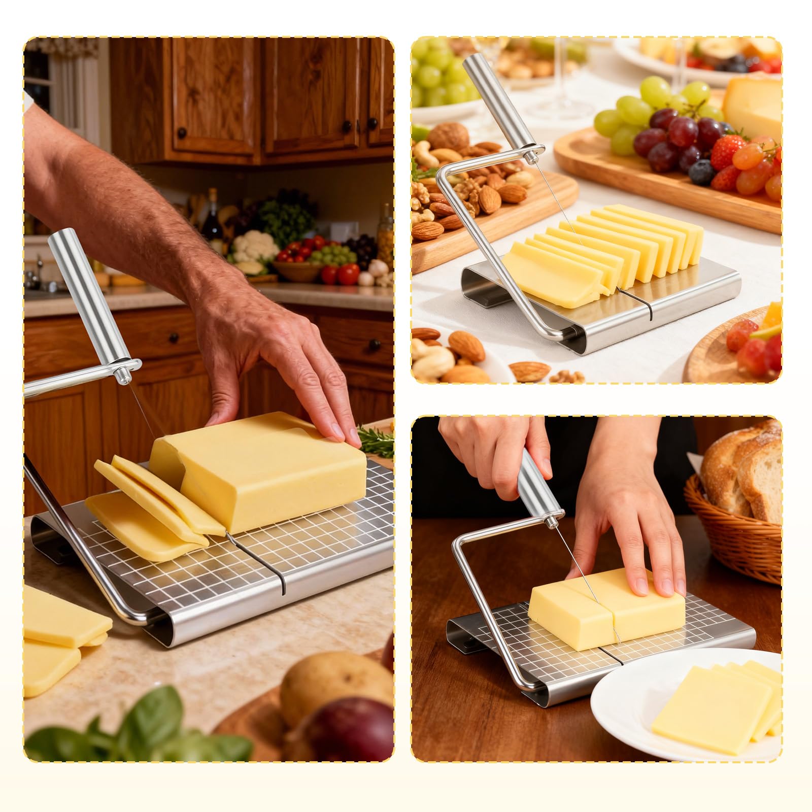 Cortador de queso intercambiable de acero inoxidable, cortador de queso con tabla y rejilla de medición, con 5 cables adicionales para queso bloque, mantequilla y queso