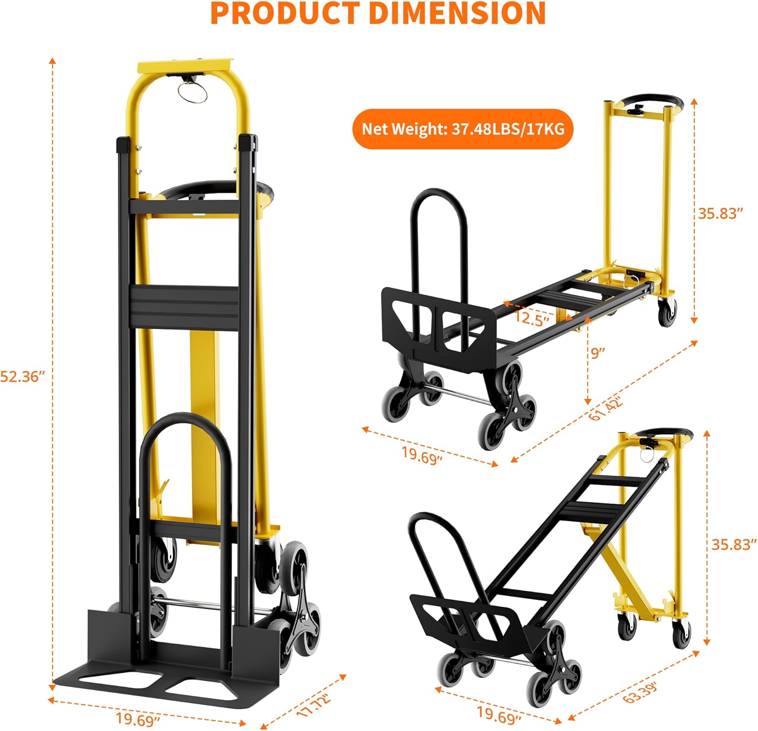 3-in-1 Heavy Duty Convertible Hand Truck, 800 Lbs Capacity Dolly Cart, Aluminum Dolly Hand Truck with Stair Climber Wheels, Stair Climbing Cart for Warehouse Transport & Moving(Yellow+Black)