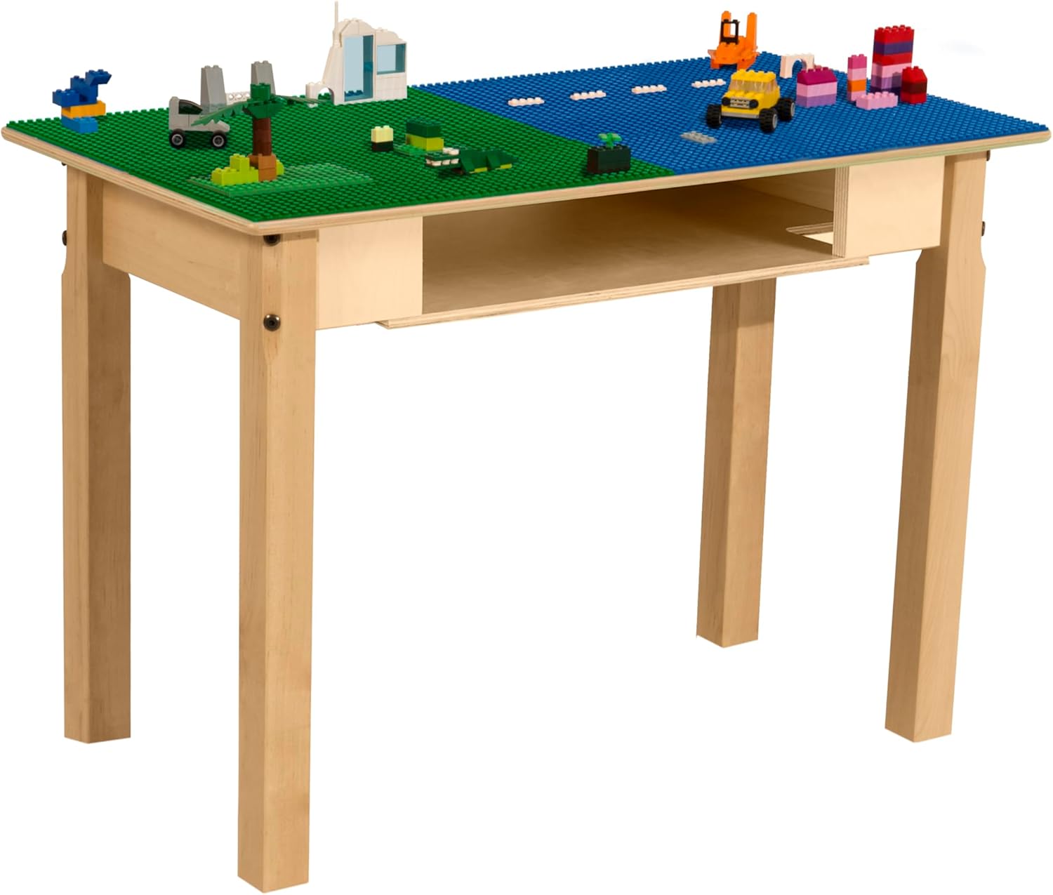 Contender Time-2-Play 30.75" W Rectangular Blue and Green Lego Blocks Compatible Play Table for Kids with 22" Long Wood Legs & Built in Storage, Birch Plywood Play Desk for Playschool