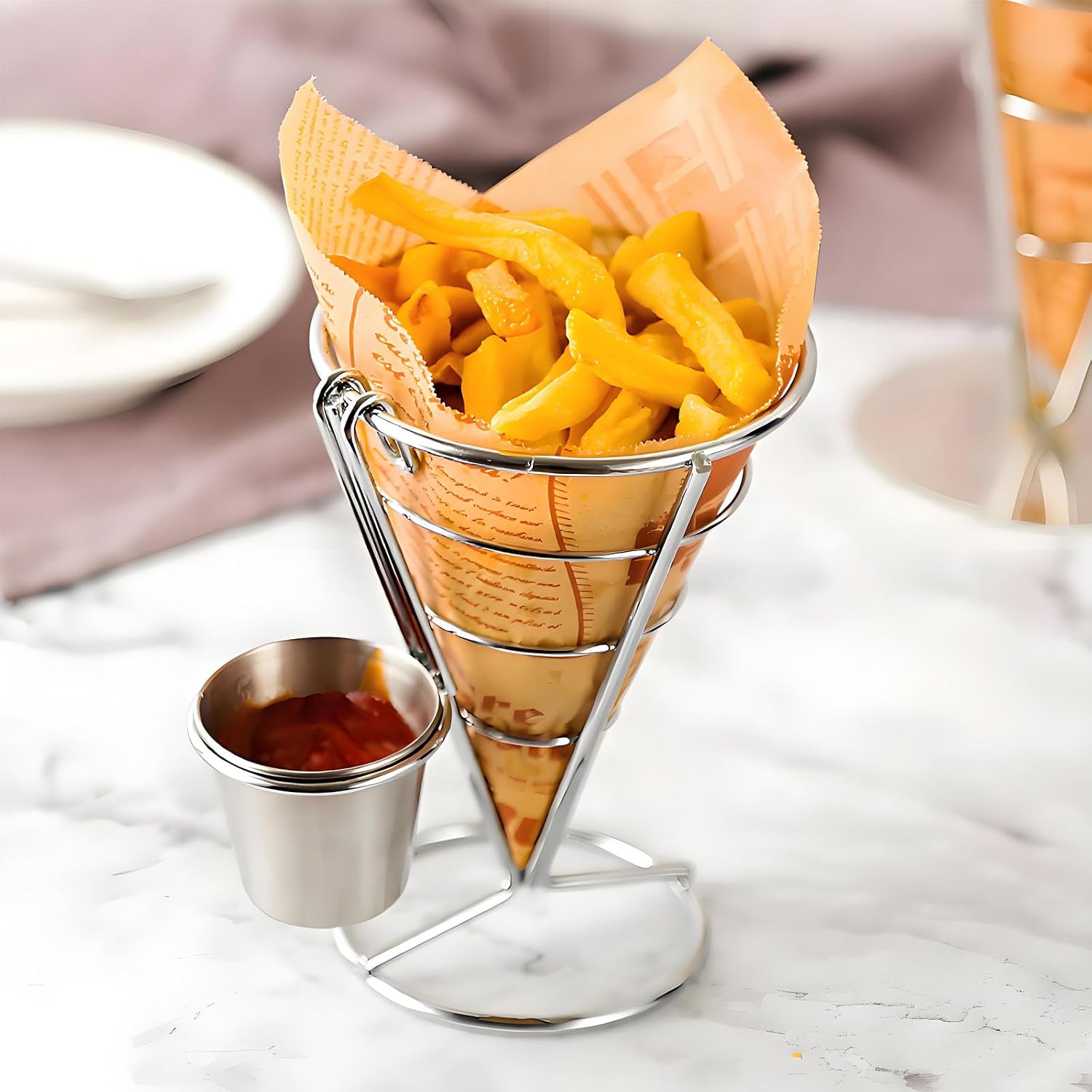 2PCS French Fry Cone Holder Stands Fries Basket Chip and Dip Serving Set | Silver Stainless Steel Snack Racks Wire Cone Fries Holder French Fry Cups Basket for Serving in Party, Picnic & Kitchen