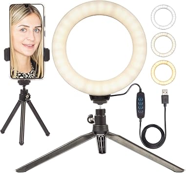 LED Ring Light 6" Desktop Makeup Mini Tripod Stand Camera Holder Kit - for Beauty Selfie Video Portrait Product Photography Youtube Live Stream - 3 Colour Modes, USB Cable & Remote