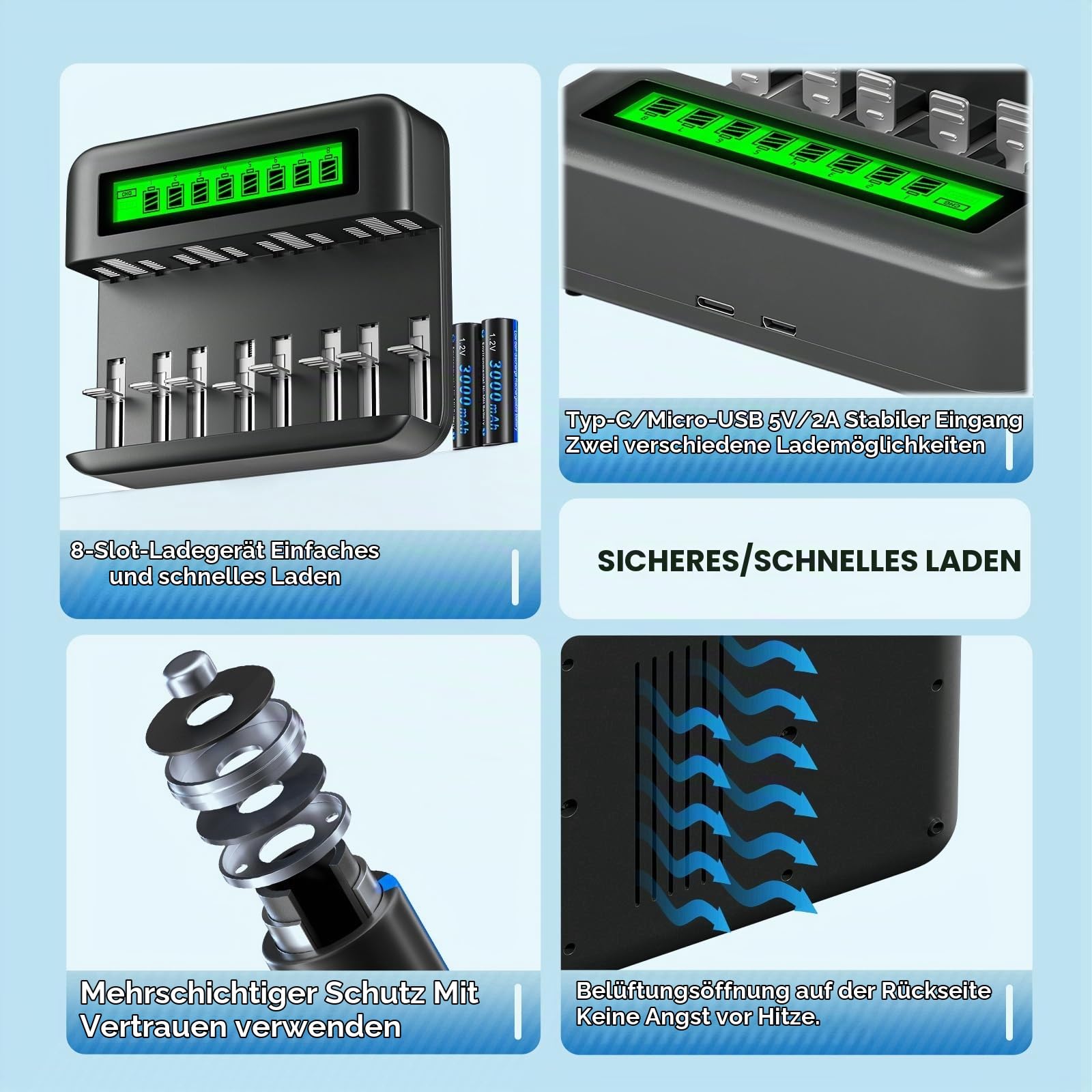 CITYORK Akku Ladegerät mit 6 D Cell 10000mAh wiederaufladbare Batterien mit 8 Slots Batterie Ladegerät für AA AAA CD NI-MH Akku LCD Anzeige