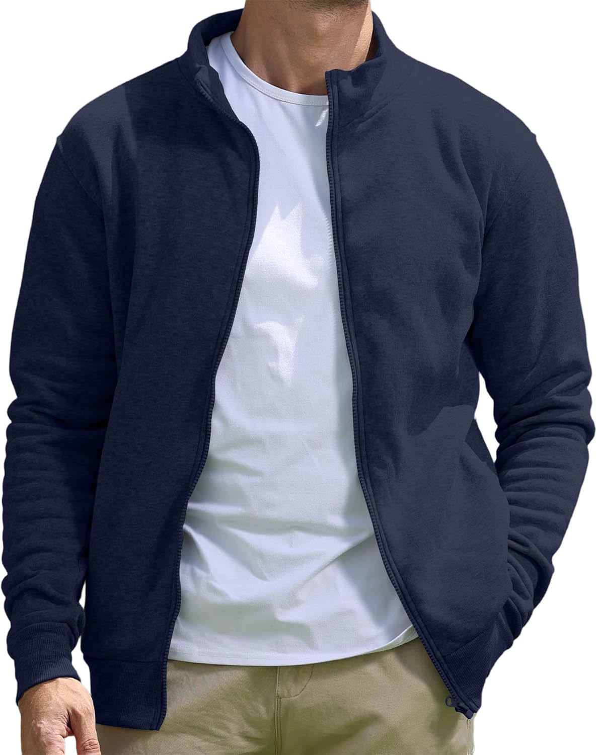 Men's Full-Zip Sweatshirt No Hood Hoodies Stand Collar Cardigan Pockets Jacket Casual & Active - Image 2