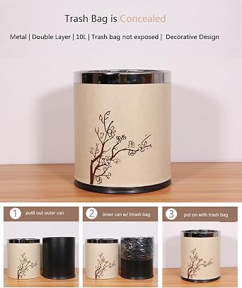 Luxury Metal Waste Bin 10L, Double Layer Trash Can PU Leather Covered Round Wastebasket Dust Bins for Kitchen Bathroom Hotel Office (Meihua Gold Ring), 23-26.5, ljt04