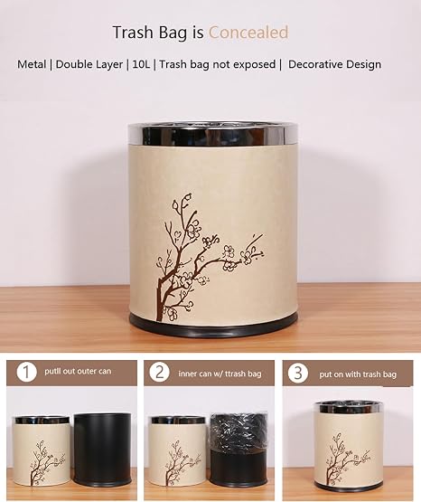 Luxury Metal Waste Bin 10L, Double Layer Trash Can PU Leather Covered Round Wastebasket Dust Bins for Kitchen Bathroom Hotel Office (Meihua Gold Ring), 23-26.5, ljt04