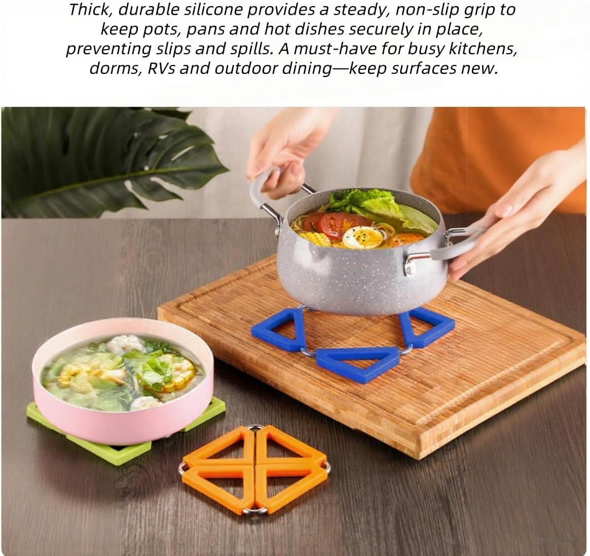 [2026 Upgrade] 5pcs Odorless Silicone Kitchen Trivet Mats (Rainbow Colors) – Non-Slip Hot Pot Holder with a Stainless Steel Frame, Foldable Square Design for Bowls, Coasters and Dish Protectors