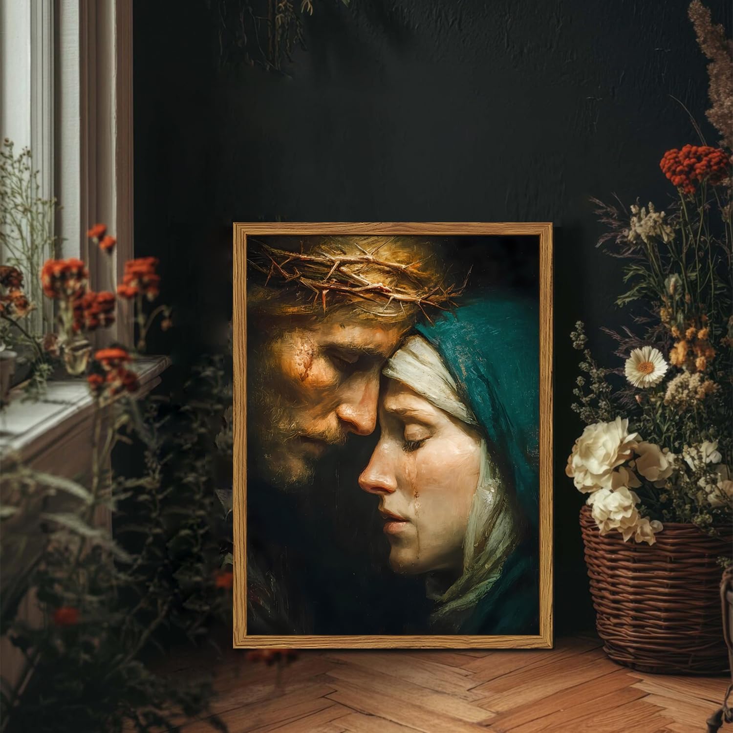 Framed Jesus and Virgin Mary Embrace Wall Art, Christian Wall Decor Paintings, Catholic Religious Pictures Canvas Prints for Home Living Room Bedroom Church Prayer Room 12x16 inch