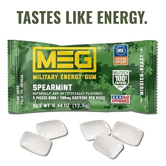 MEG (Military Energy Gum) - Spearmint & Arctic Mint Bundle | Enhance Physical Performance -100mg of Caffeine Per Piece, Boost for Workouts, Alternative to Caffeinated Drinks | Pack of 18