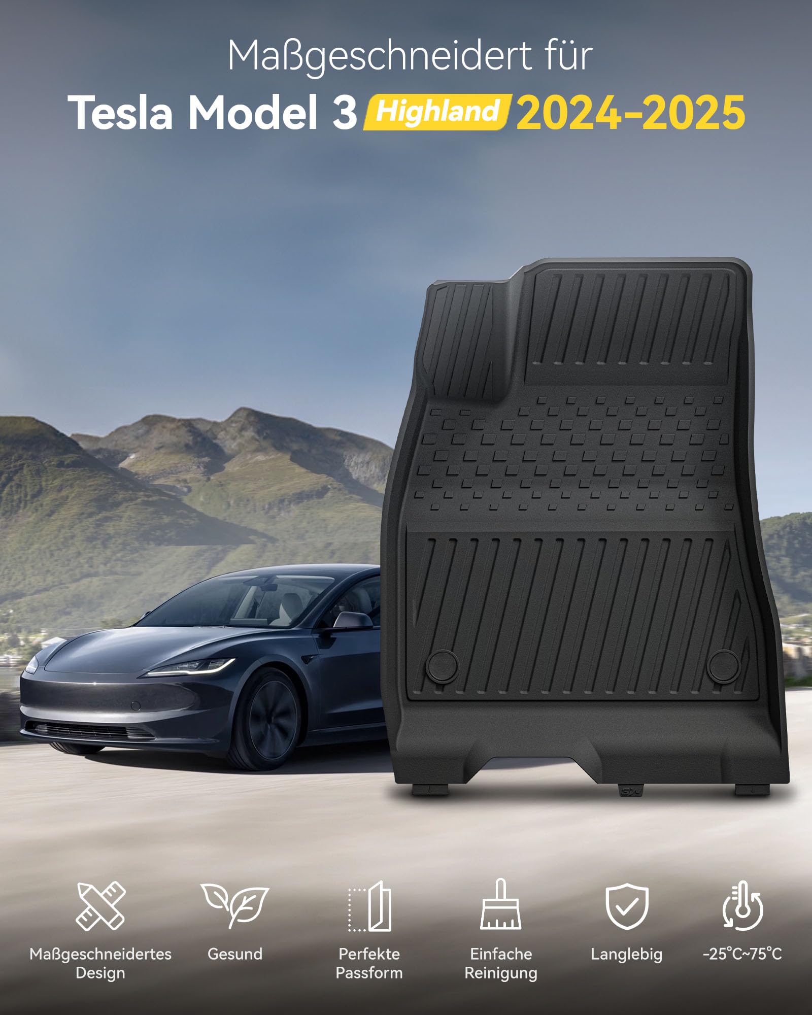 3W Fußmatten & Kofferraumwanne für Tesla Model 3 Highland 2024-2026 | TPE Thorex™ Allwetter | 3D Maßgeschneiderte Passform | Hundefreundlich Auto Zubehör | Wasserdicht & Kratzfest | Antirutsch