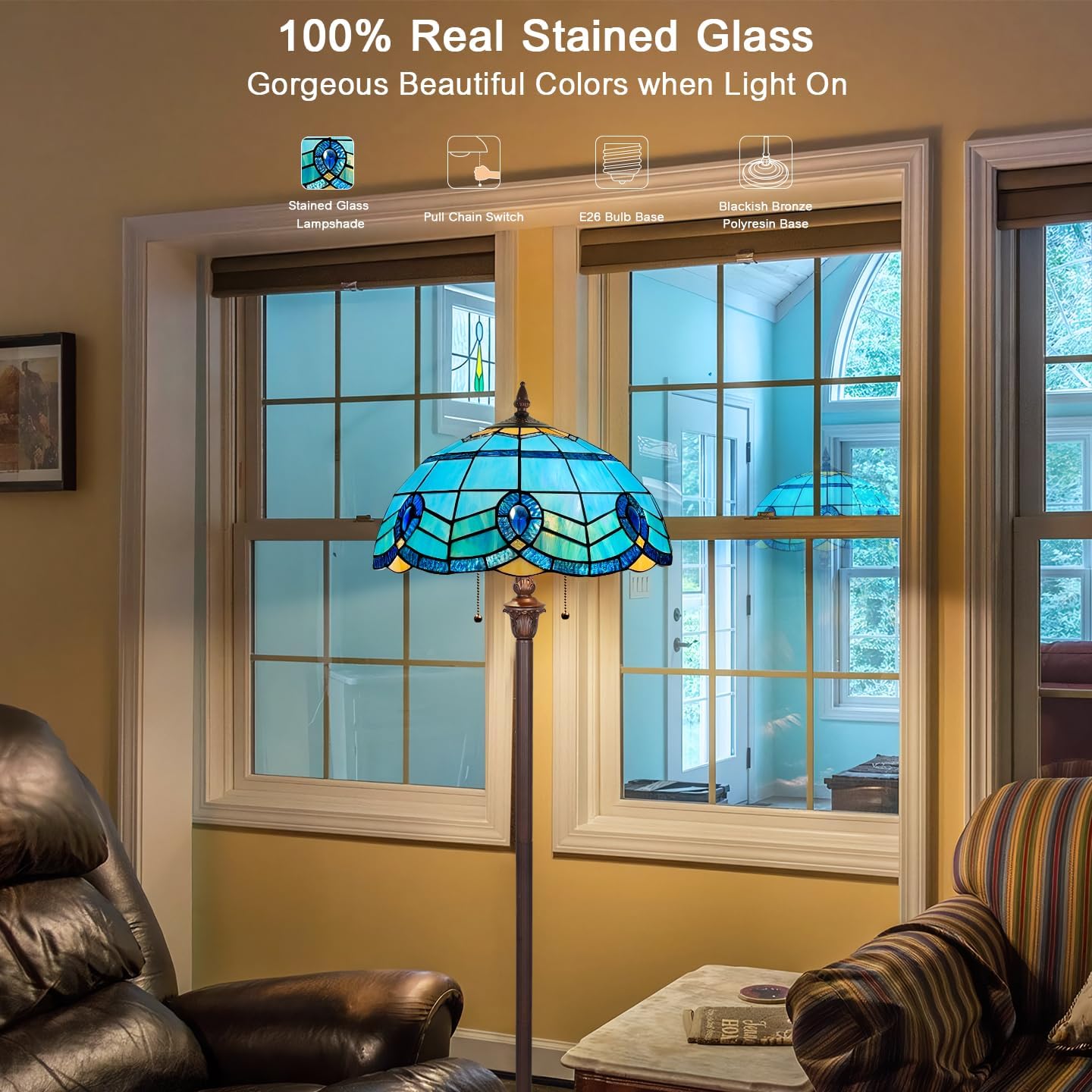 Capulina Tiffany Floor Lamp 2-Light 16X16X63 Inches Blue Sky Style Stained Glass Standing Reading Light for Living Room Bedroom Home Office