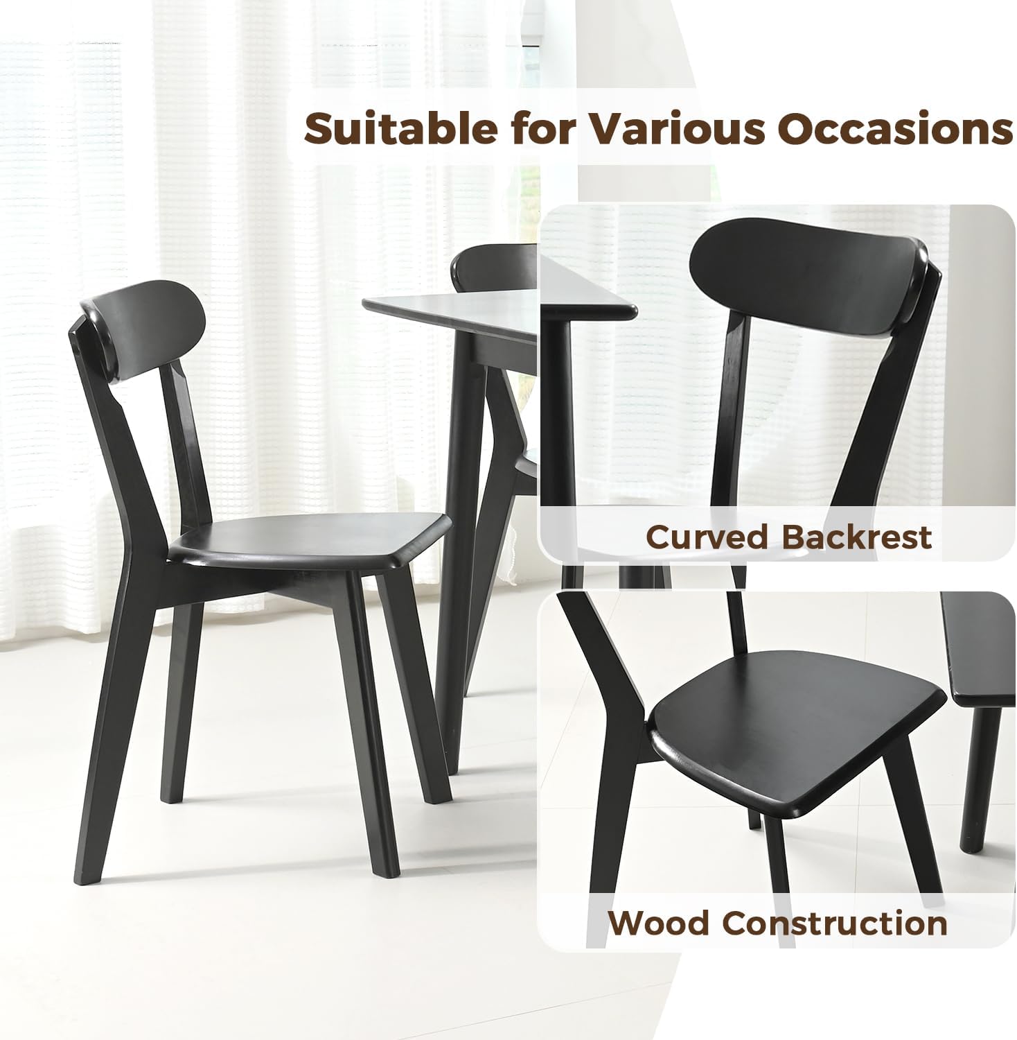 DELAVIN Soild Wood Dining Chairs Set of 6, Mid Century Oak Wood Kitchen Chairs, Vintage Dining Room Chairs Set Suitable for Kitchen, Black