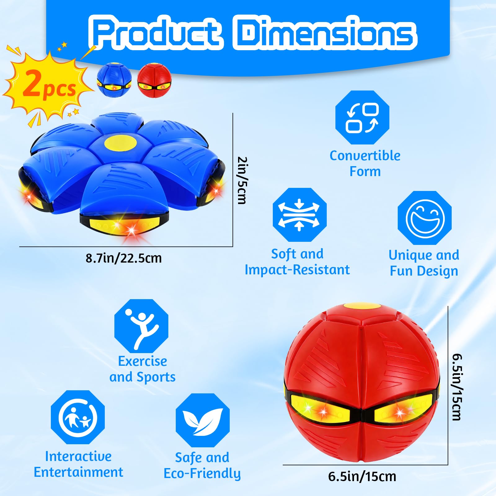 2 Piezas Pelota Saltarina MáGica con Led,Juguete Transformable 2-En-1 Platillo Volador Y Pelota,Juguete Interactivo para NiñOs Y Perros,Juego Interior Y Exterior,Rojo Y Azul