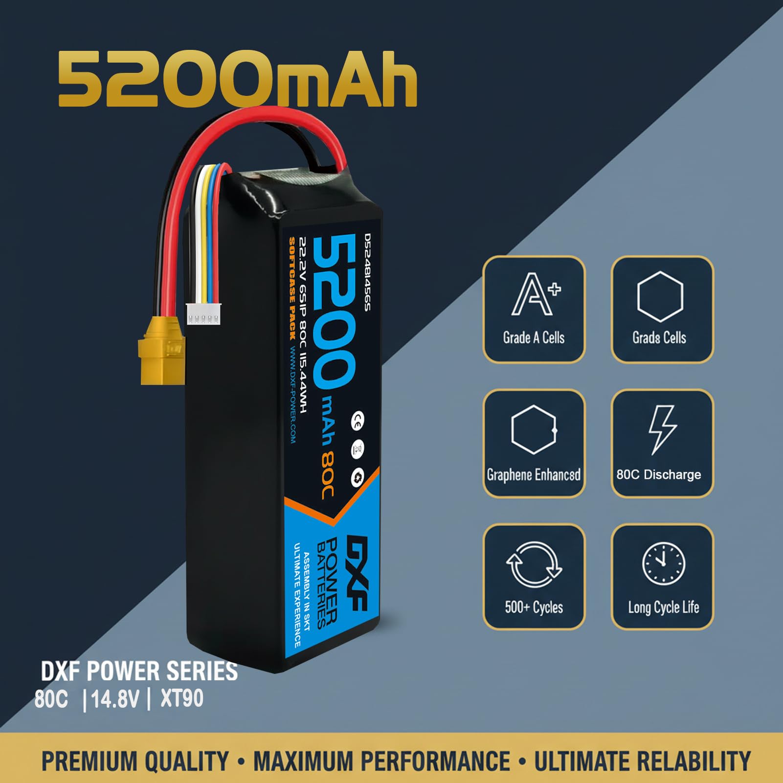 DXF 2 Packungen Powerhouse für rc-Fahrzeuge: 14.8v, 5200mah, 80c, XT90-stecker - 4s lipo perfekt für emaxx, Bandit, losi,u.v.m. - leistungsstarker 4s lipo akku für maximale fahrfreude!