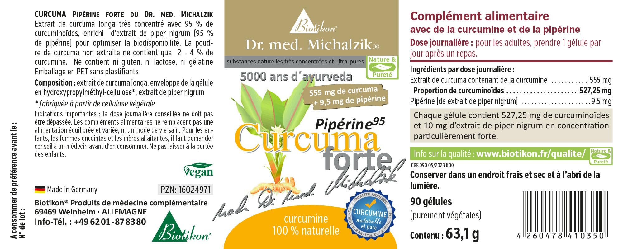 Curcuma Piperin forte Dr. med. Michalzik hoher Curcumin-Gehalt - 527,25 mg Curcuminoide - 10 mg Piperin Extrakt je Kapsel REIN NATÜRLICH nachgewiesen C14 ISOTOPEN ANALYSE - von BIOTIKON®