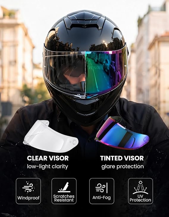 XFMT Full Face Motorcycle Helmets Dual Visor Street Bike ATV Helmet with Internal Sunshield for Adults Men Women, DOT Approved, Gloss Black Large