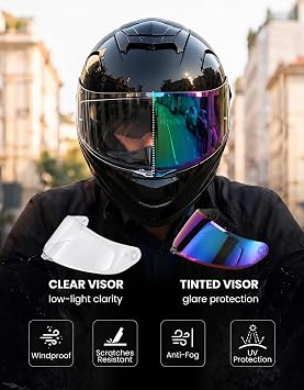 XFMT Full Face Motorcycle Helmets Dual Visor Street Bike ATV Helmet with Internal Sunshield for Adults Men Women, DOT Approved, Gloss Black Large