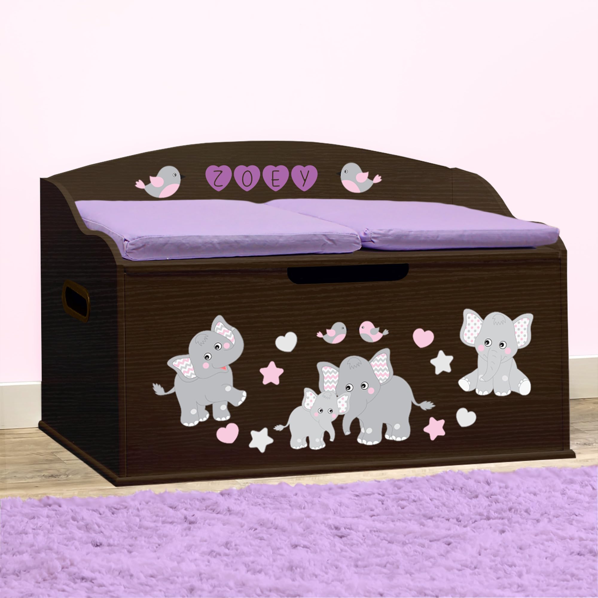 DIBSIES Personalized Creative Wonders Toy Box, Pink Elephants, 30 x 19.25 x 18 inches, Soft-Close Lid (Espresso)
