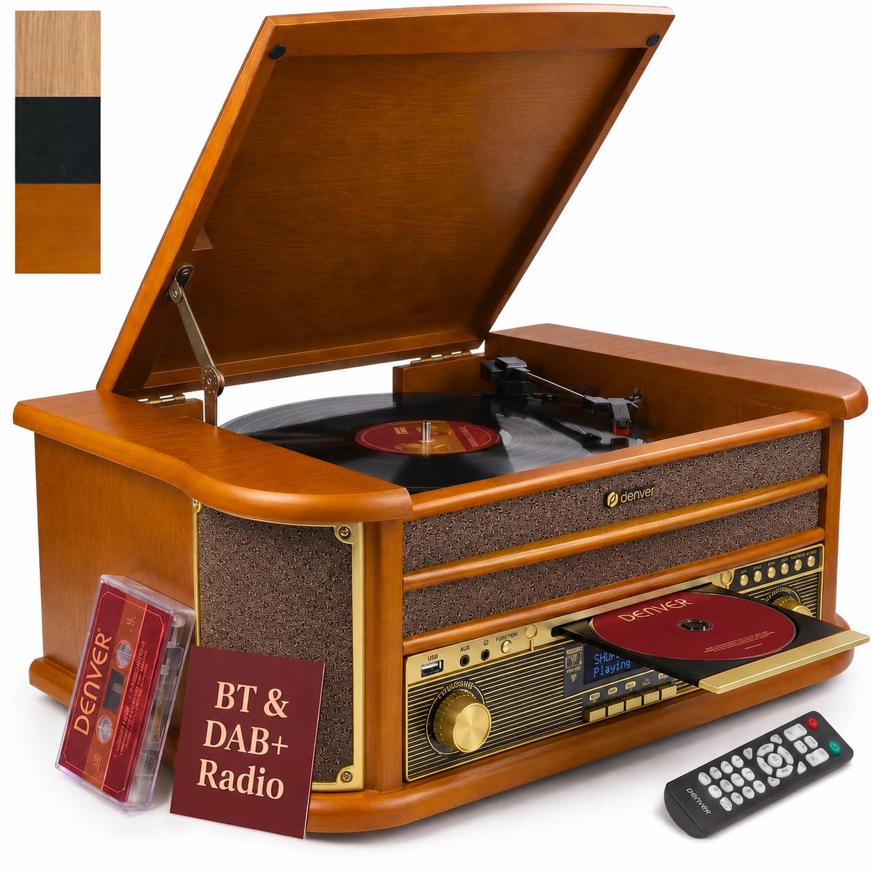 Denver MRD-51BT MK2 Lecteur de disque radio Bluetooth 9 en 1 en bois avec haut-parleurs – Radio DAB+, FM, lecteur de cassette, lecteur CD, entrée auxiliaire, enregistrement MP3 USB, entrée auxiliaire