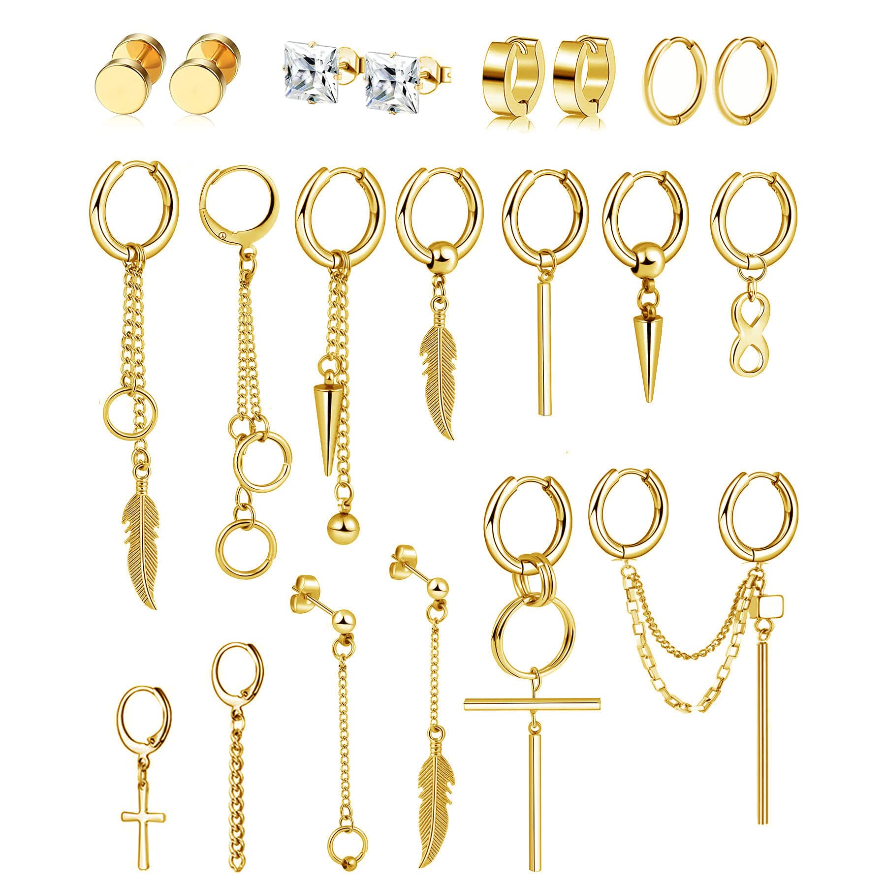 BVLAGIDA 21 Piezas Pendientes Hombre Acero Inoxidable Pendiente Kpop Pendientes Punk Pendientes Colgantes Cruz Plumas Aros Pendientes Negro Plata Dorado