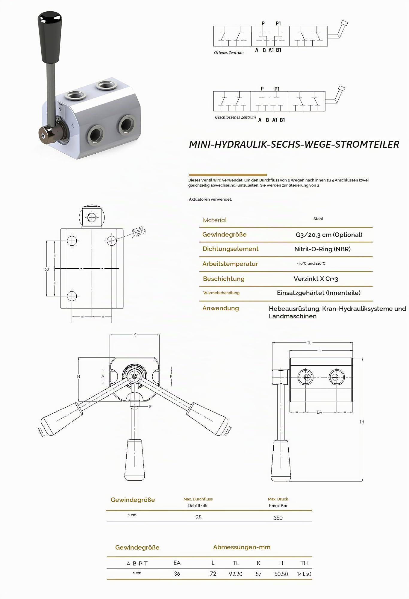 Hydraulik 6 Wege Umschaltventil Stahl Körper,DF 6 vie 3/8" und 1/2" BSP MECCANICO (1/2 ")