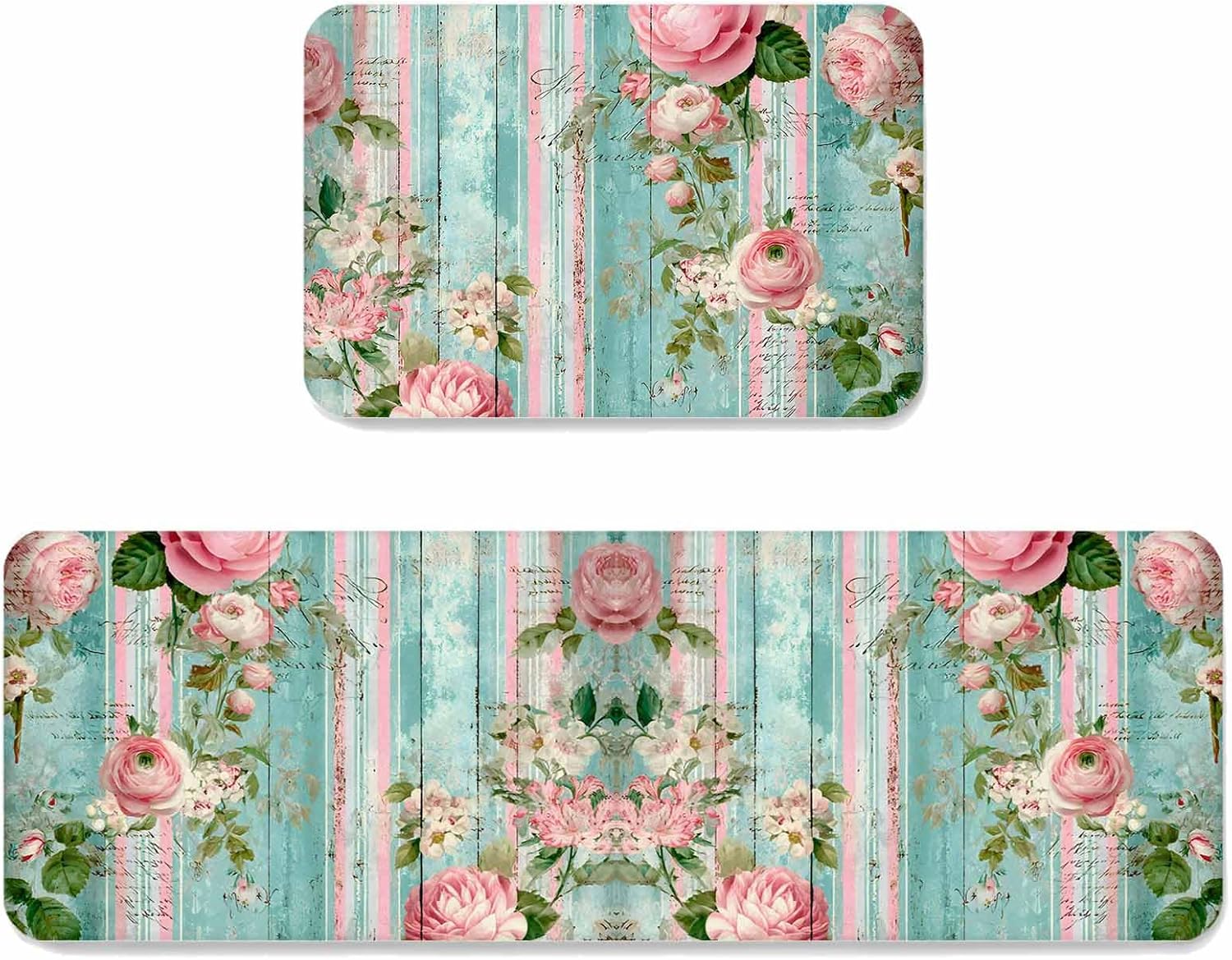 Prime Leader Rustic Pink Roses Kitchen Mat Set 2 Pieces Botanical Leaves Wood Grain Vintage Non Slip Kitchen Rugs Washable Runner Rug Mats for Floor Sink Laundry Office 23.6" x 35.4"+23.6" x 70.9"