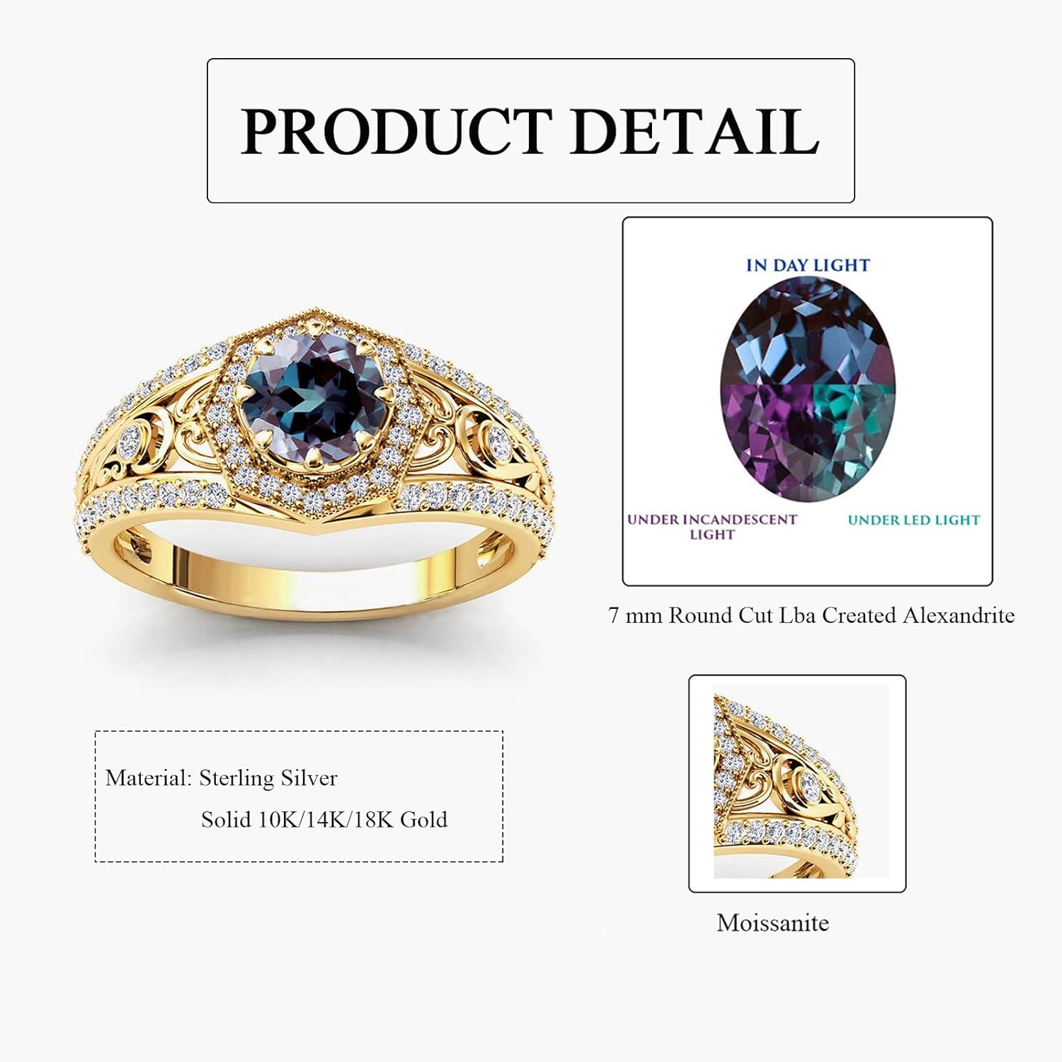 10K 14K 18K Gold Round Cut Gemstone Vintage Rings for Women 7MM(1.3CT) Gemstone and Moissanite Promise Statement Anniversary Ring for Her Size 4-15 - Image 4