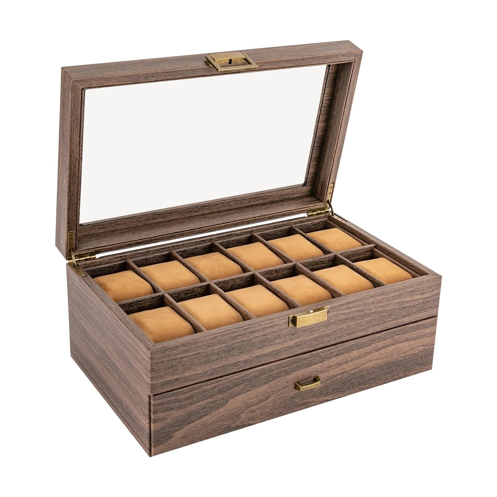 Portaorologi in Legno Massello Scatola porta orologi da 24 slot | Visualizzazione dell'organizzatore delle venature del legno con finestra trasparente for uomini e donne
