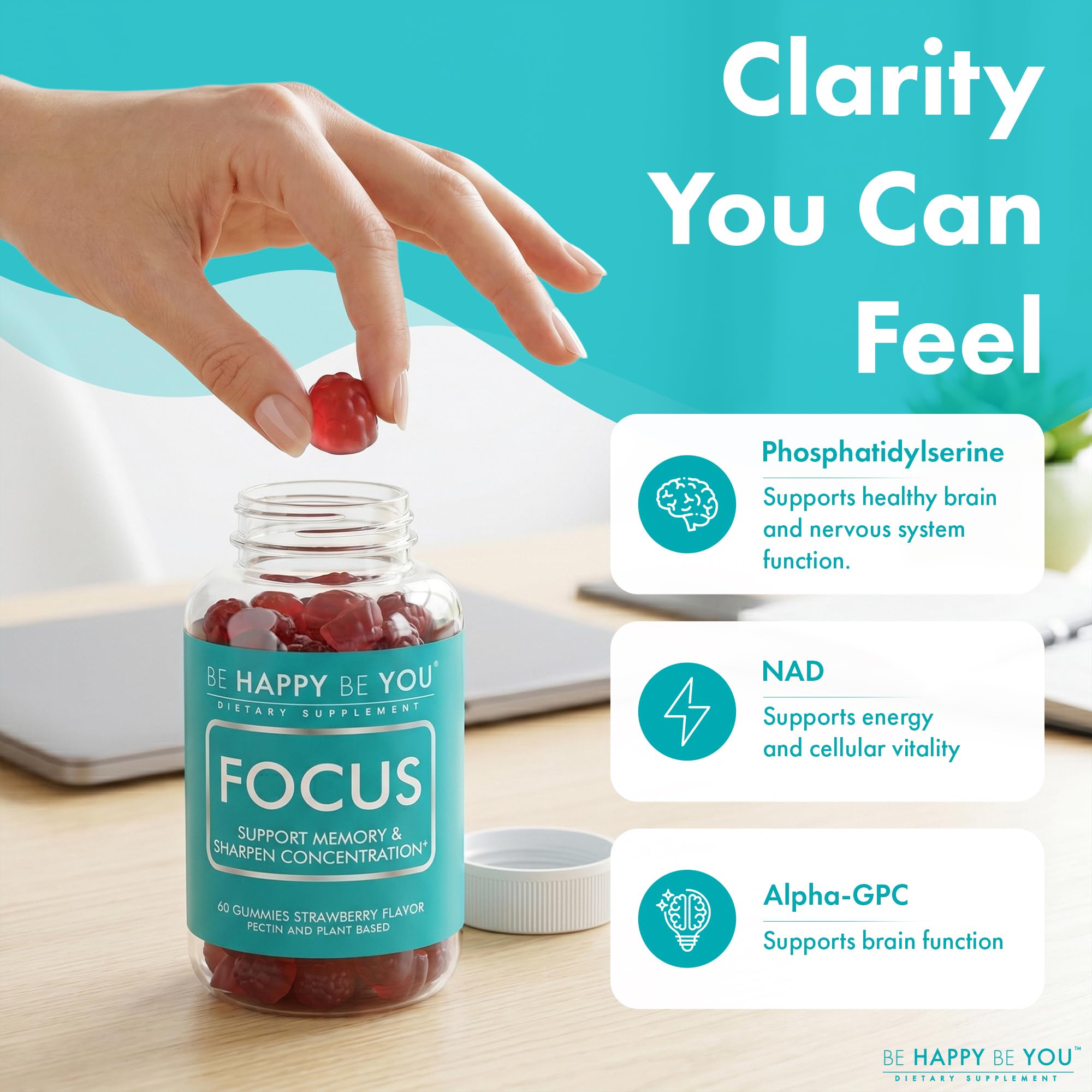 NAD+ Focus Gummies, Strawberry, 60 Count — Amazon image 2