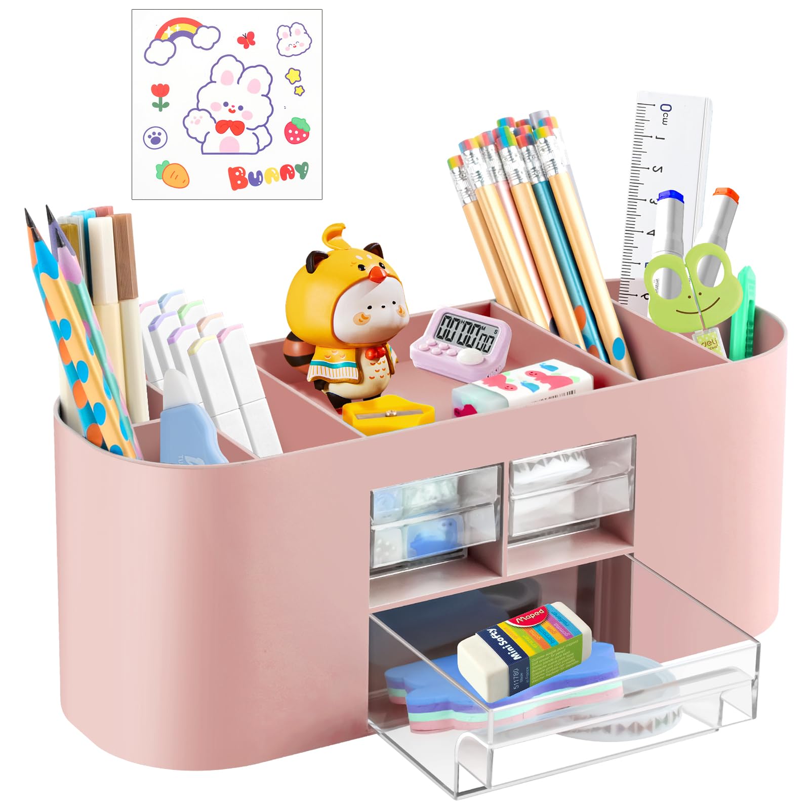 WuGU Organizador de Escritorio de Plástico, Organizador Escritorio creativo con 10 Compartimentos 2 Cajones, Lapiceros para Escritorio, Accesorios Escritorio, para Hogar, Oficina, Escuela (Rosa)