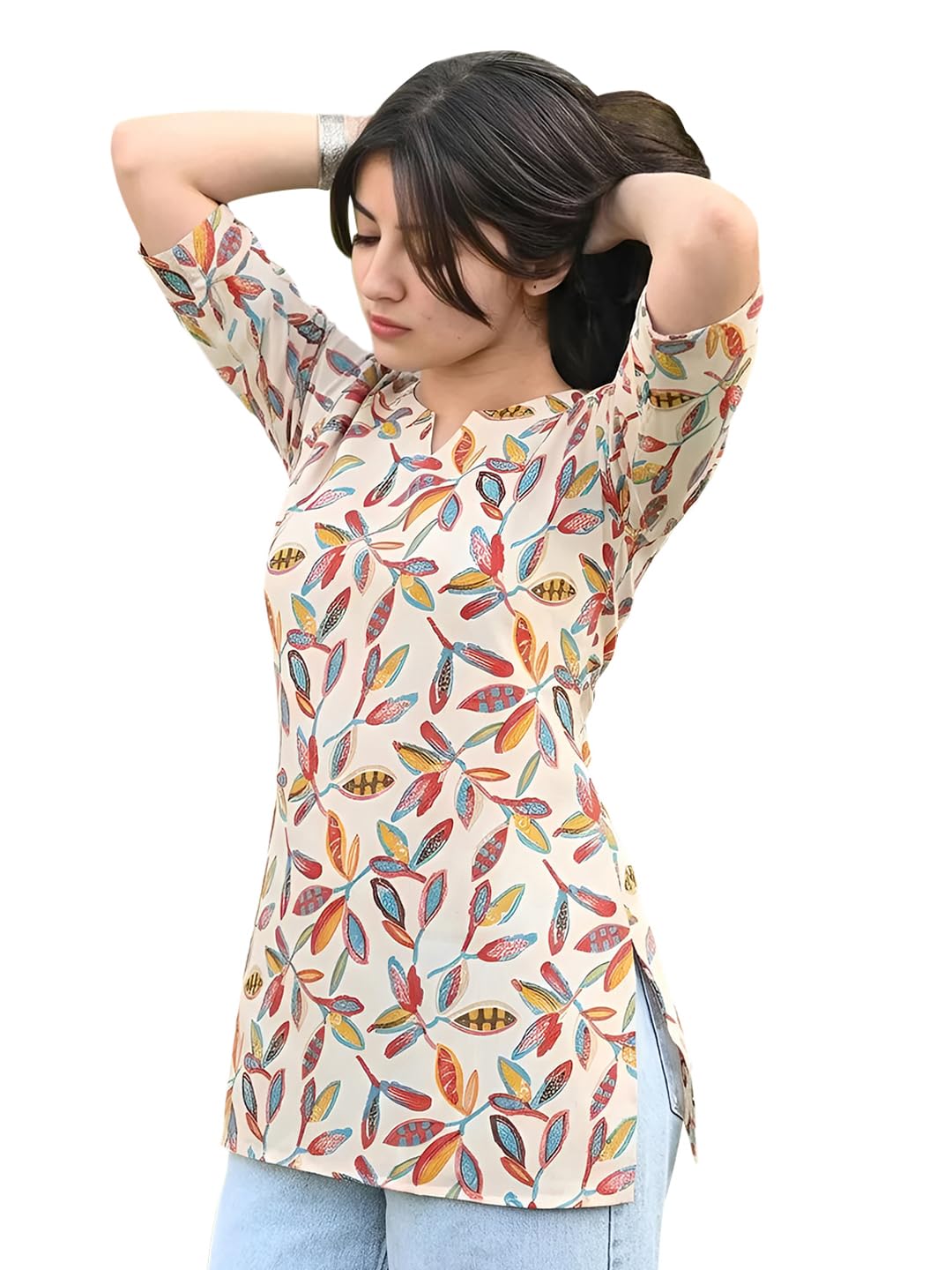 pinkmint Women Short Kurti | Cotton Blend Printed Tunic Top | Trendy Casual Top | Casual & Office Wear Ethnic Top for Jeans-picture-30