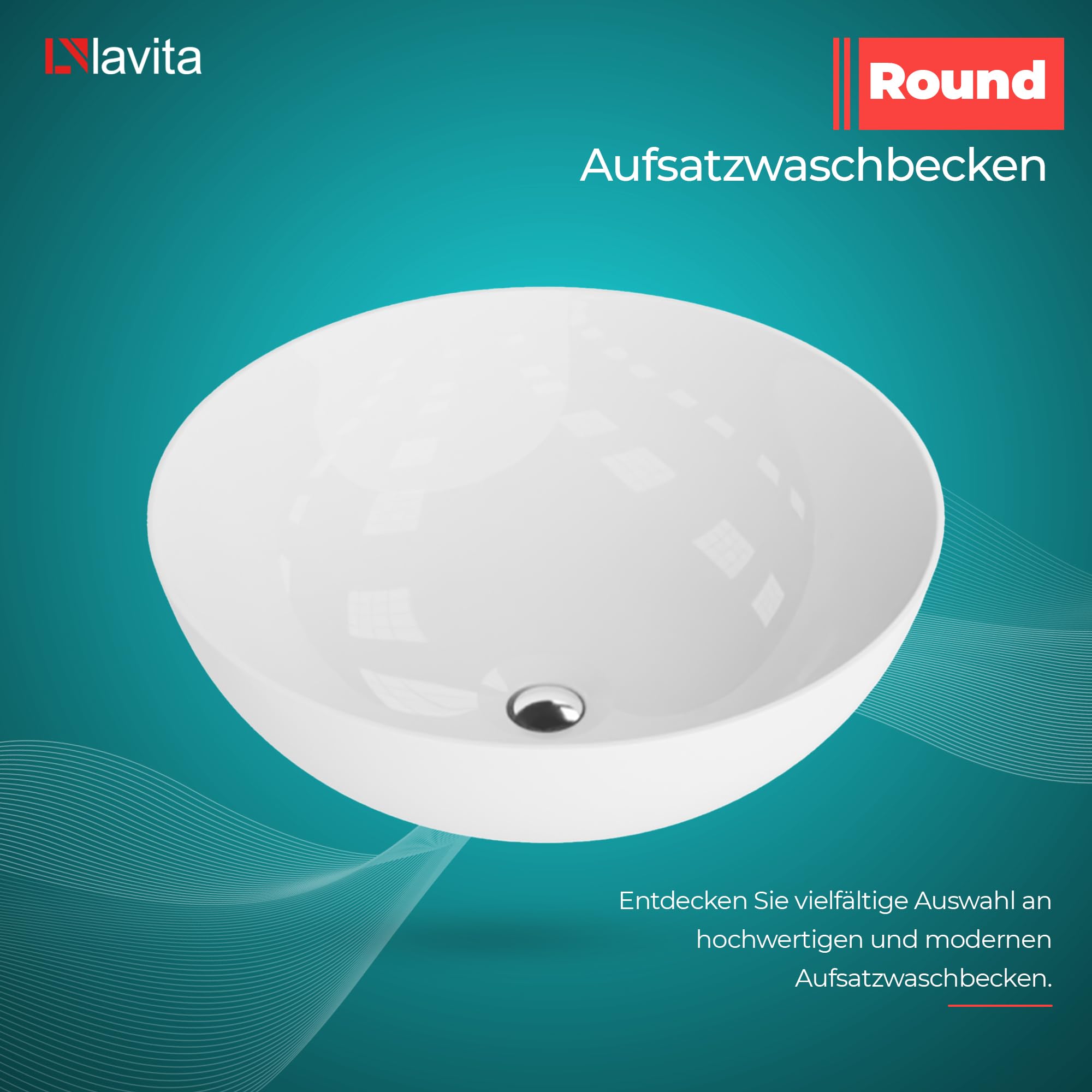LAVITA Lavabo de encimera redondo | lavabo redondo | lavabo sin rebosadero y orificio para grifo | de porcelana de alta calidad | lavabo | 41,5 x 41 x 14 cm | blanco brillante