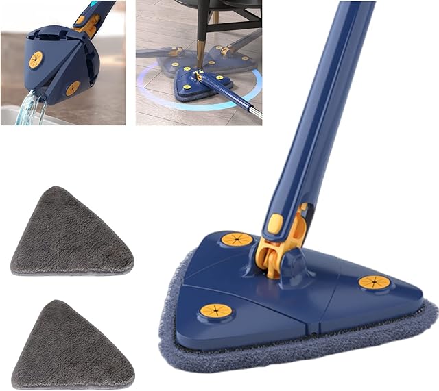Puimentiua 360° Rotatable Adjustable Cleaning Mop Triangle Retractable Wall Mop with Long Handle, Microfiber Extendable Wall Cleaning Mop with 2 Pcs Mop Pads