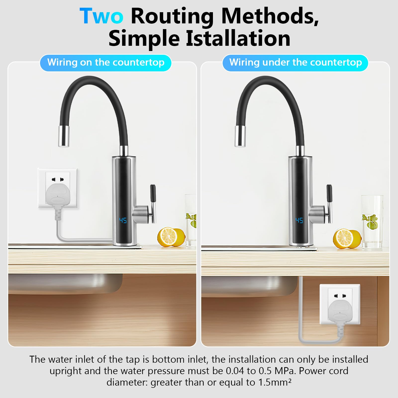 Robinet Chauffant, 3000W Chauffe-eau Instantané Electrique, Inoxydable Robinet Électriques de Cuisine avec Affichage de la Température LED et Tuyau en Silicone Rotatif à 360°, Max. 60℃