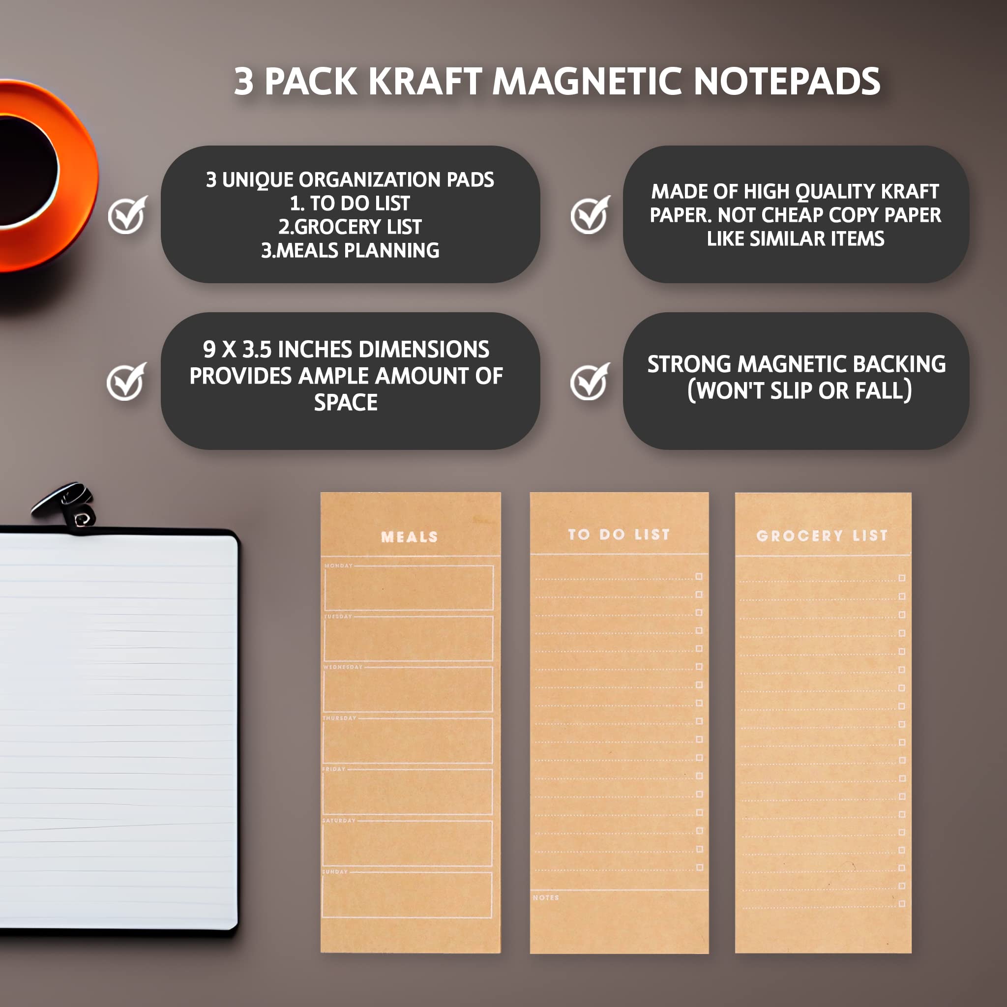 3 Vintage Magnetic Grocery Notepads - Meal Planner, To-Do List, & Grocery List Pad - Each Planner Comes With 50 Premium kraft Paper Sheets Per Pad for Convenient Kitchen Organization Memo Pads- Large Notepads with Full Magnetic Back, 9 x 3.5 inch (3 Pack) 3