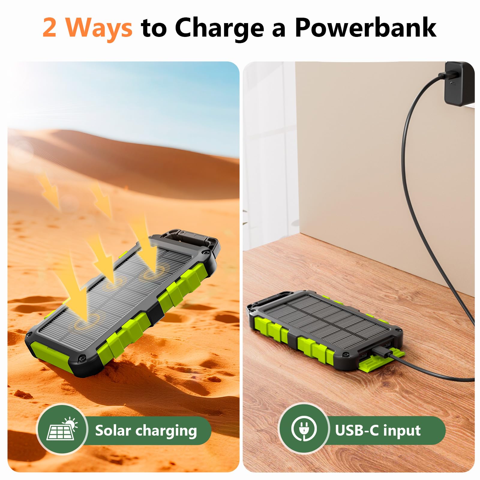Solar Power Bank 26800mAh, PD22.5W USB C Caricabatterie solare portatile a ricarica rapida con 3 uscite, 2 ingressi e luce a LED, per telefoni esterni, tablet e altro