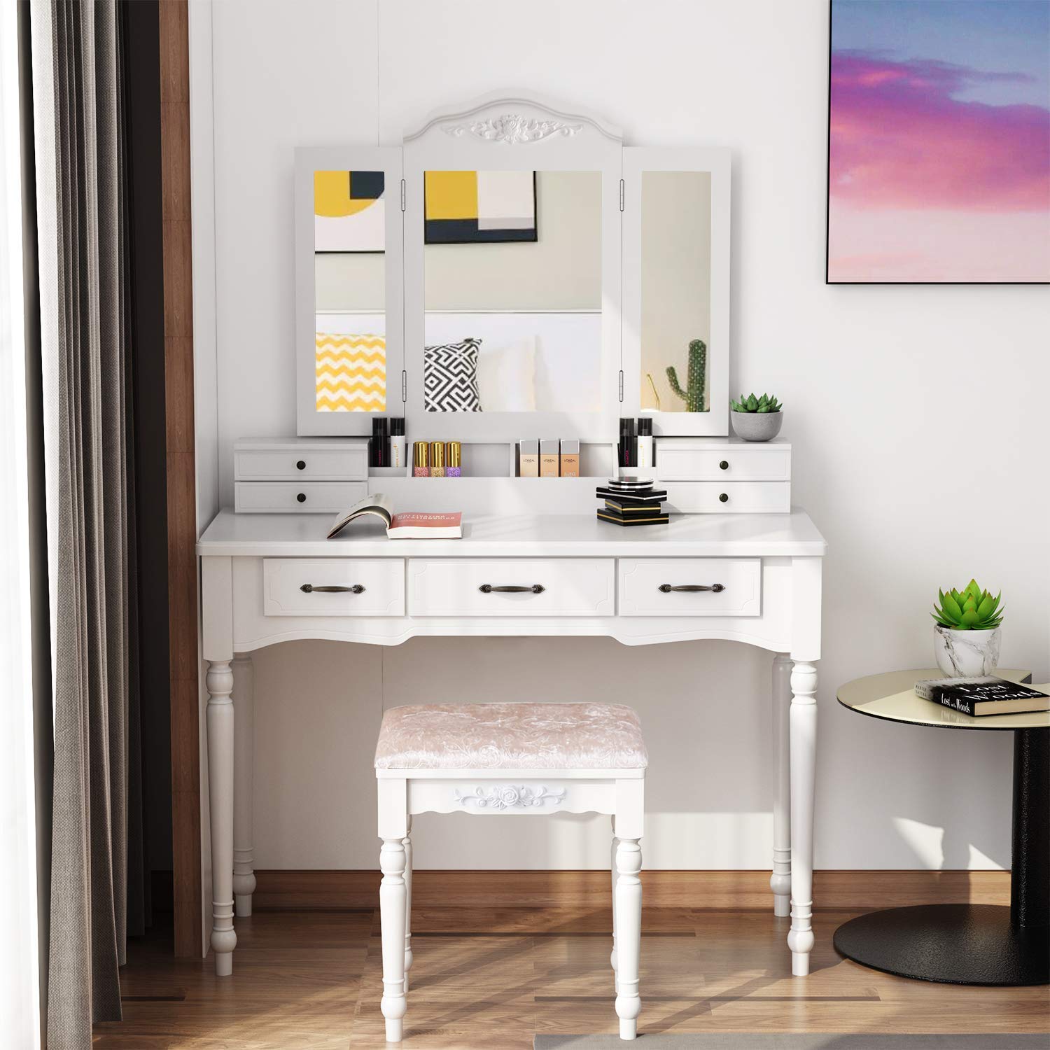 HOMECHO Makeup Vanity Table Set with Cushioned Stool TriFolding Mirror