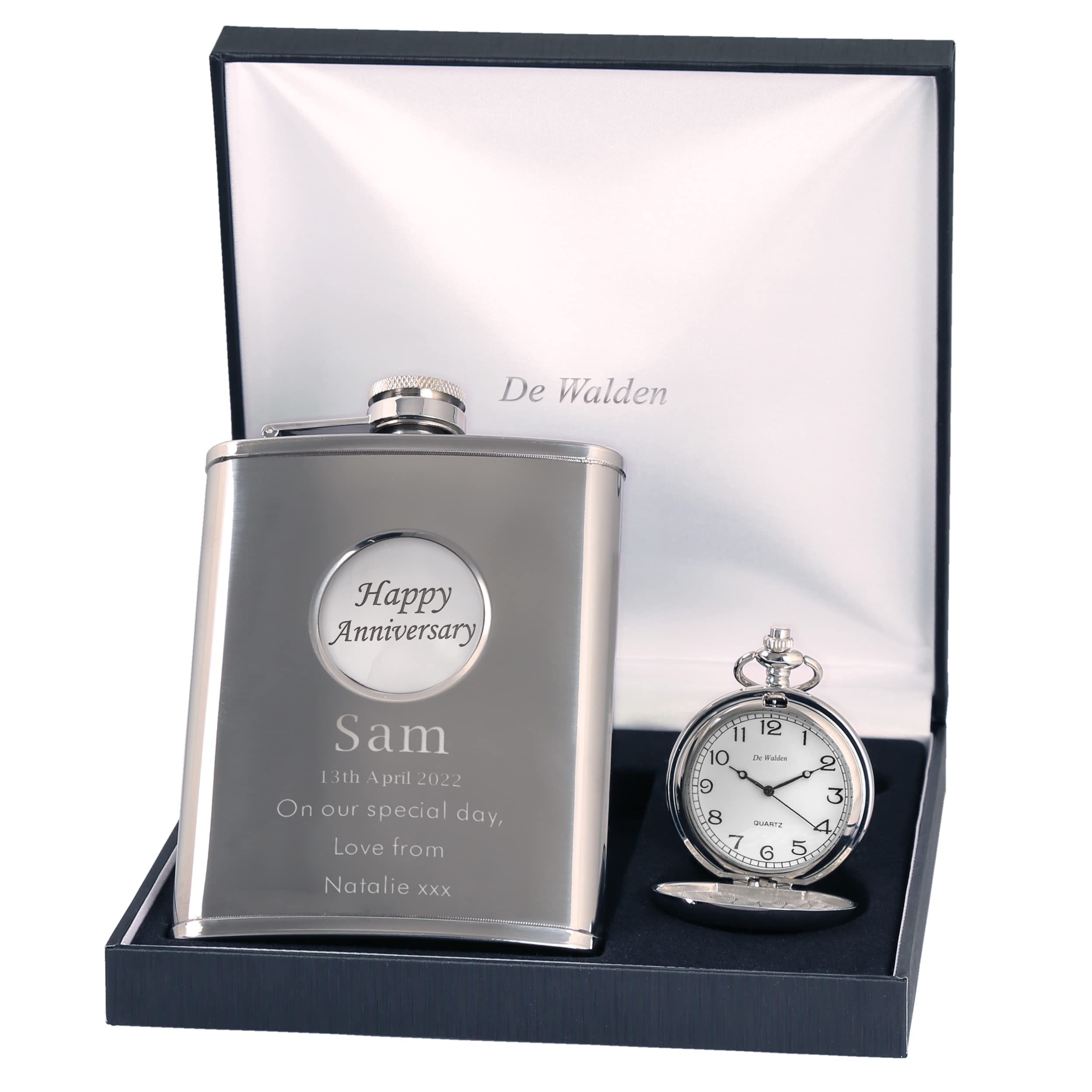The Great Gifts Company Silver Engraved 25Th Anniversary Pewter Happy Anniversary Feature Pocket Watch & Hip Flask Gift Set