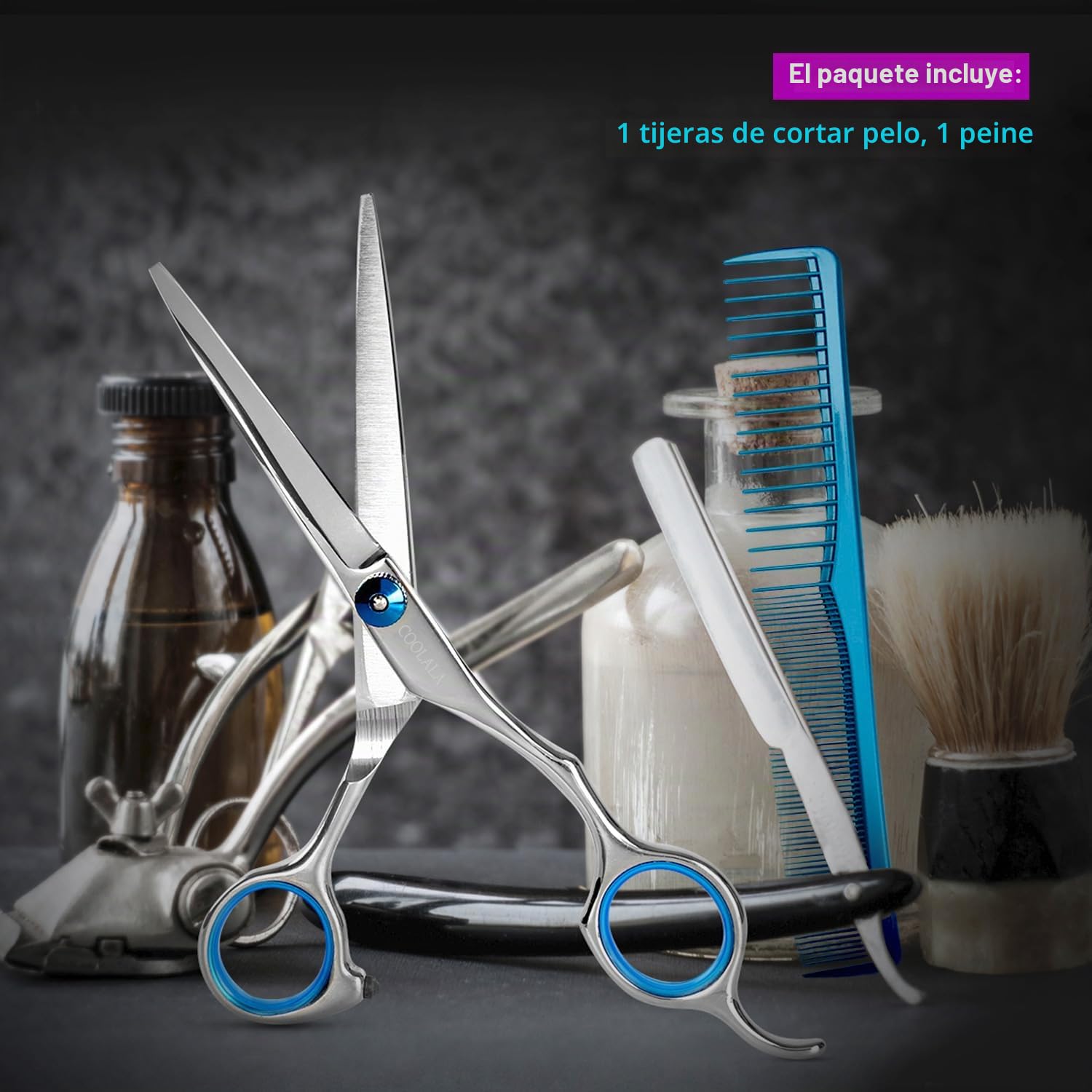 COOLALA Tijeras de corte de pelo de acero inoxidable de 6.5 pulgadas, tijeras de afeitar de peluquería profesionales, tijeras de corte de pelo, un peine incluido, uso doméstico para hombres, mujeres,