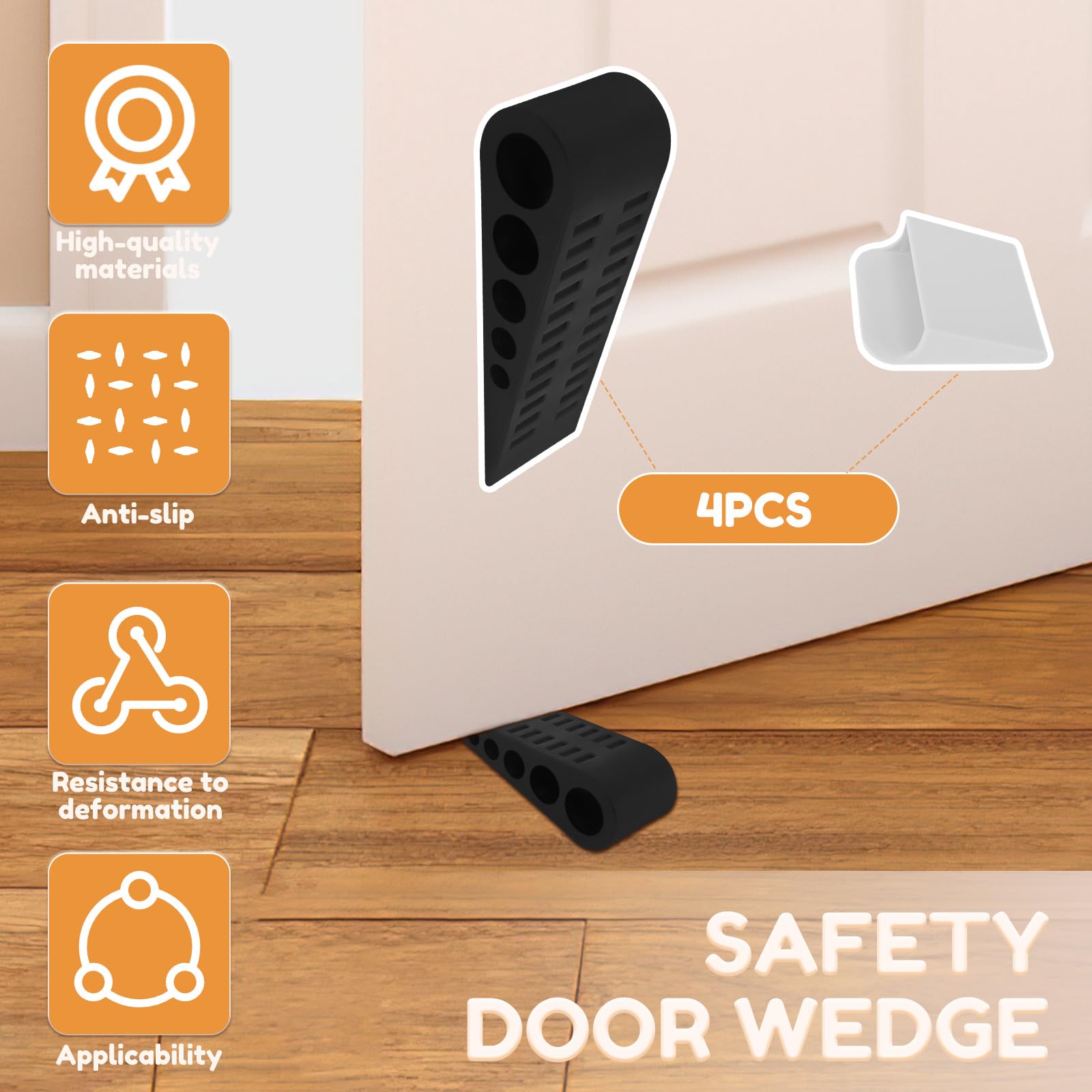 4Pcs Door Stopper, Non Slip Door Wedge, Heavy Duty Door Stop Wedge for Bottom of Door On Floor, Sloping Door Wedge for Home Office Garage with Sticky Hangers