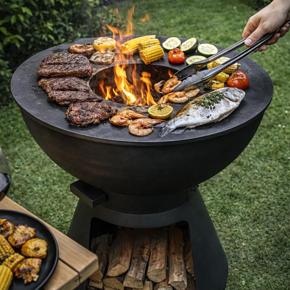 Barbecue a Legna e Carbone Yucatán | BBQ Tondo in Acciaio Corten da Esterno & da Giardino con Griglia di cottura in Acciaio Inox 316 sp.1cm, Portatile con Ruote (Antracite)