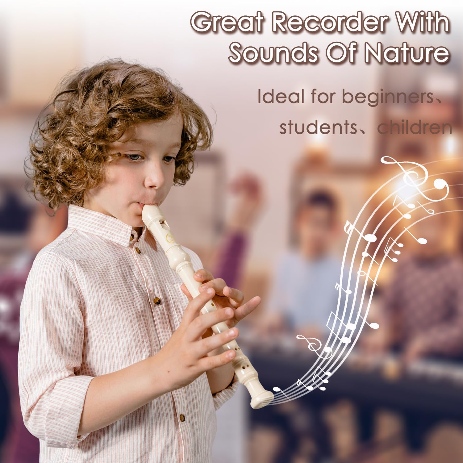 Flauto Dolce Soprano Flauto a 8 Fori in Do, in Resina ABS, con Asta per la Pulizia, Tabella Delle Diteggiature e Borsa in Pelle, per Principianti, Bambini (Bianco Latte)